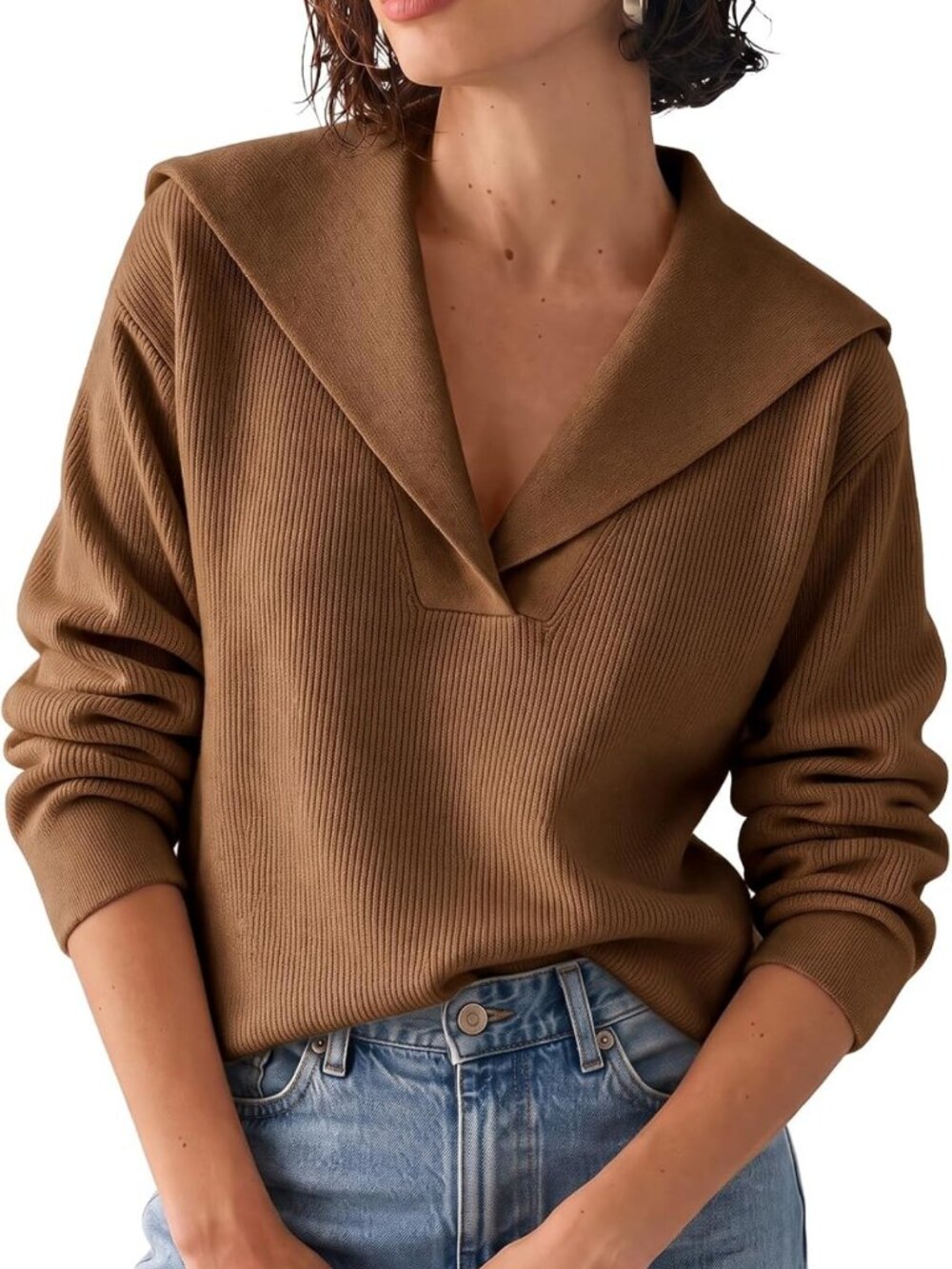 Chic Women's V-Neck Pullover Sweater with Lapel Collar & Long Sleeves